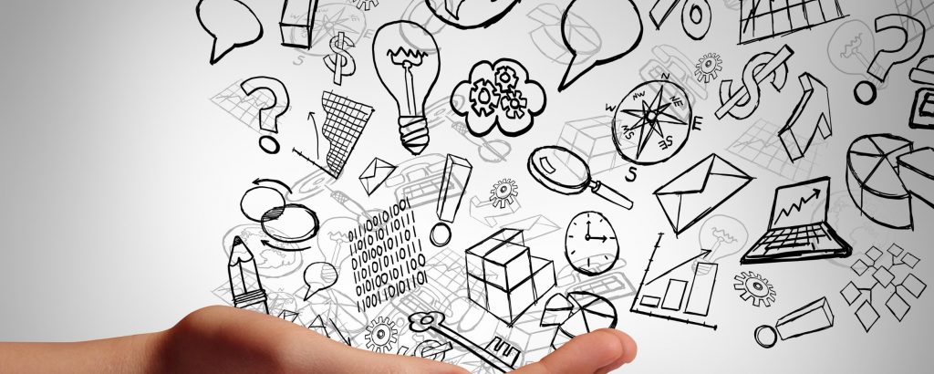 A person's hand with multiple graphics representing marketing ideas.