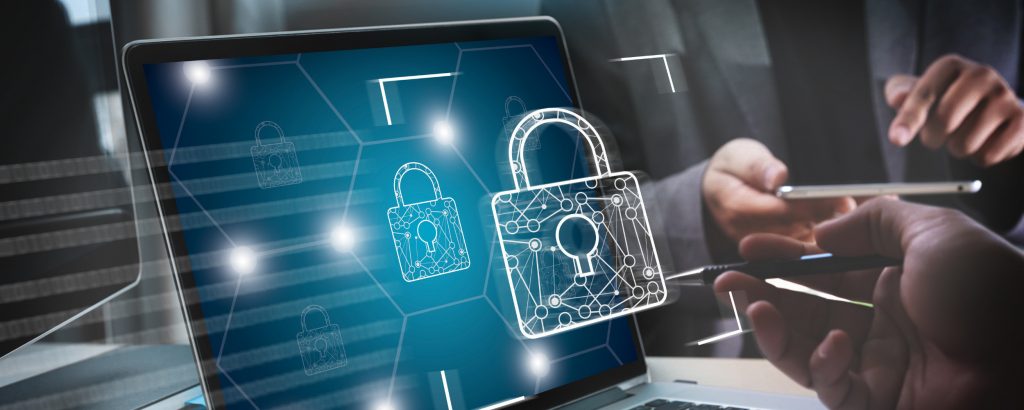 Cyber security graphics overlaying a laptop screen