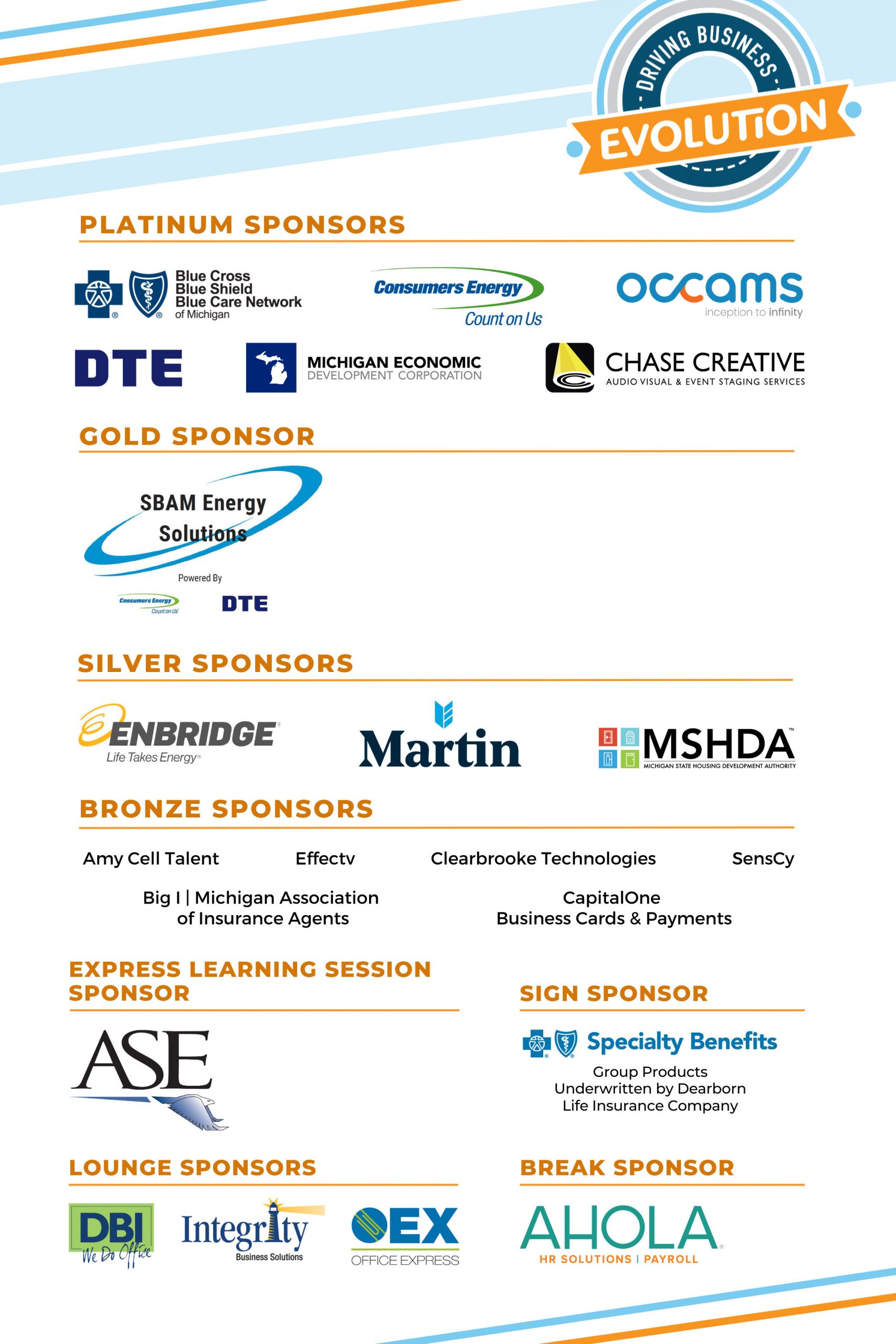 Logos and text depicting the sponsors of SBAM's annual meeting