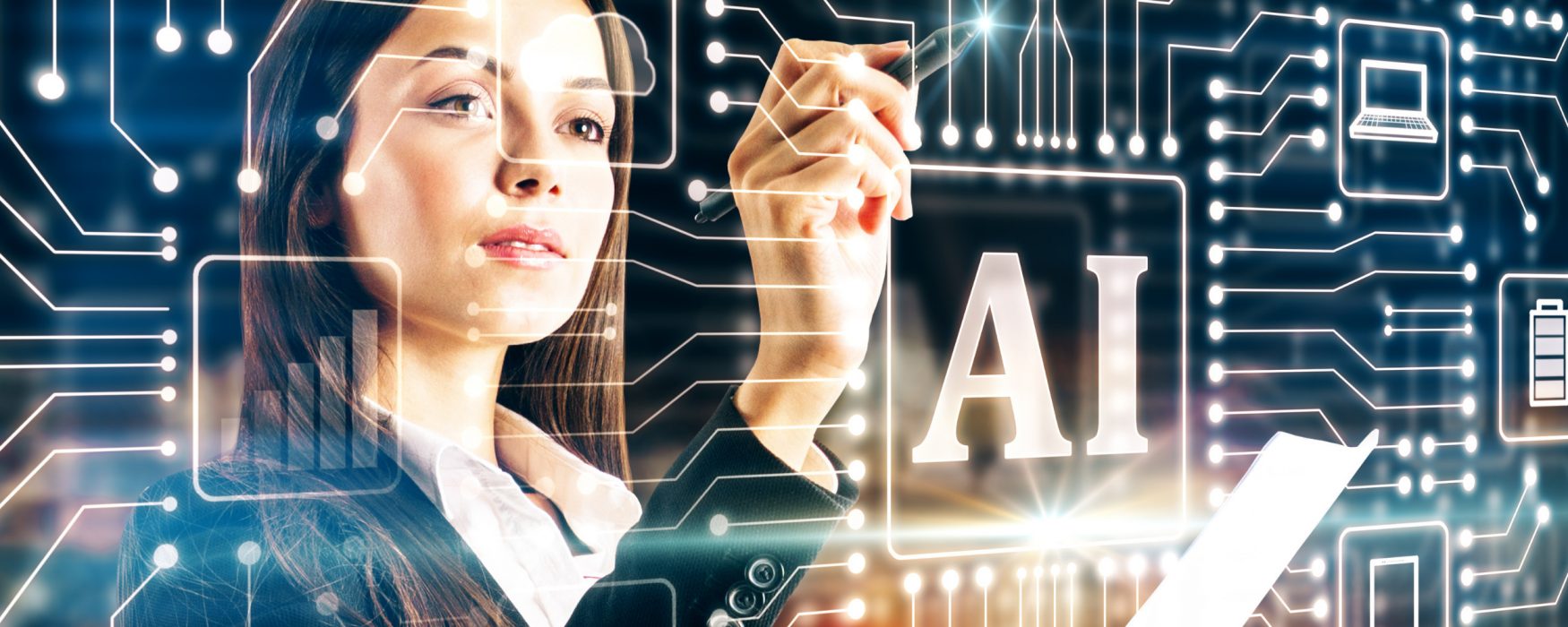 Image of a person standing behind a glass wall with the letters AI on it