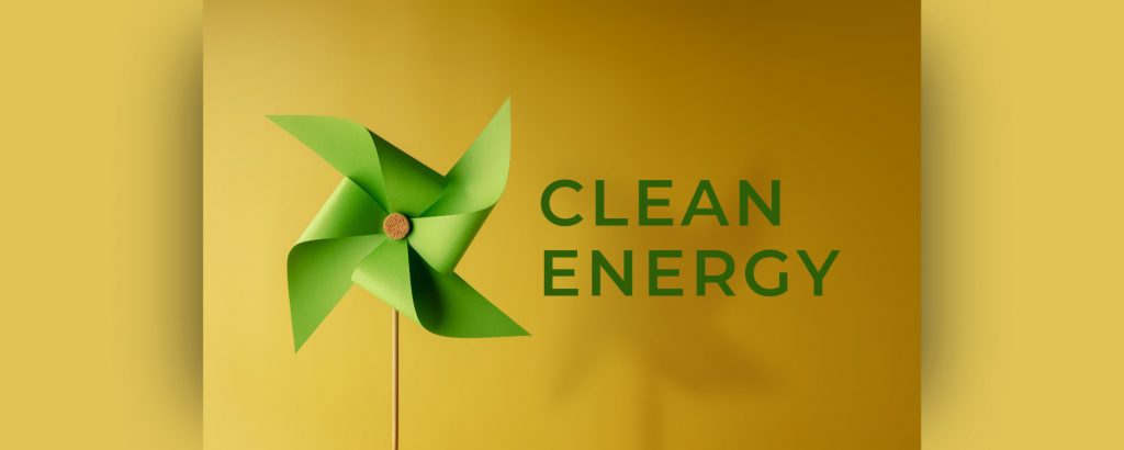 image of a paper windmill and the words clean energy
