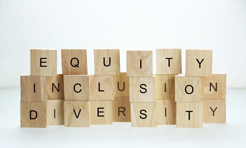 Equity, Inclusion, and Diversity spelled out using block letters