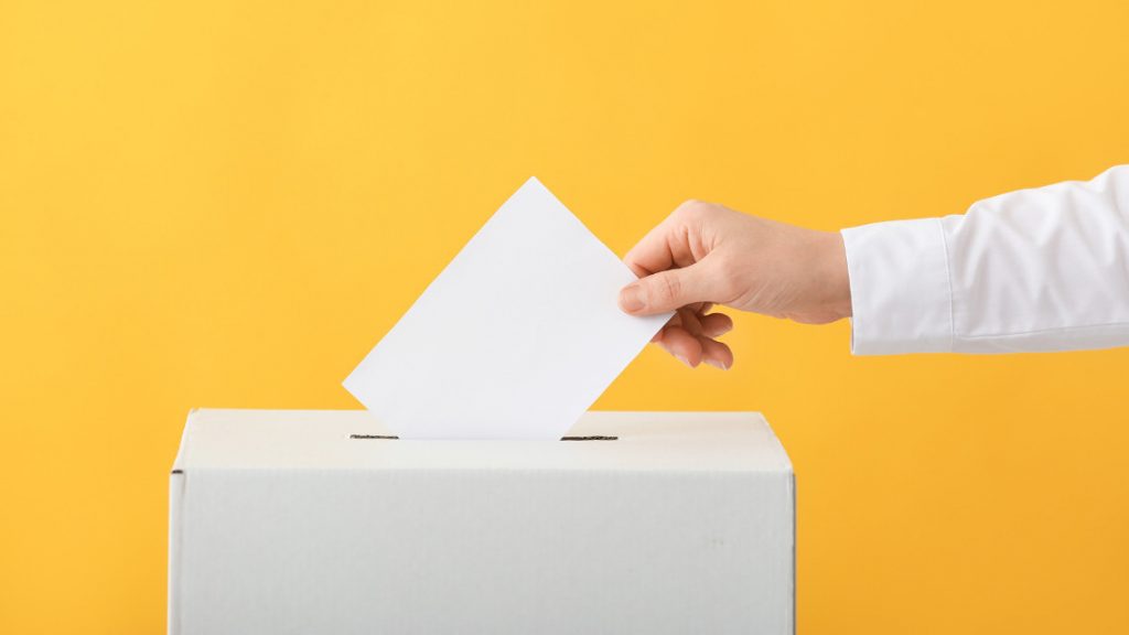 Image of a voter placing ballot in a box