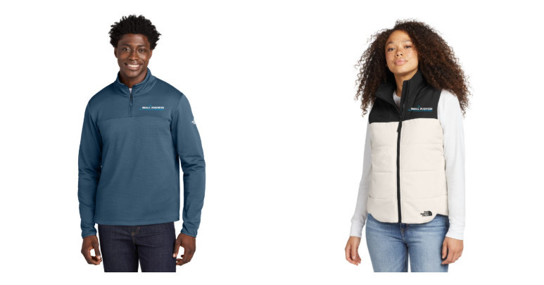 One man and one woman each modeling apparel with the SBAM logo.