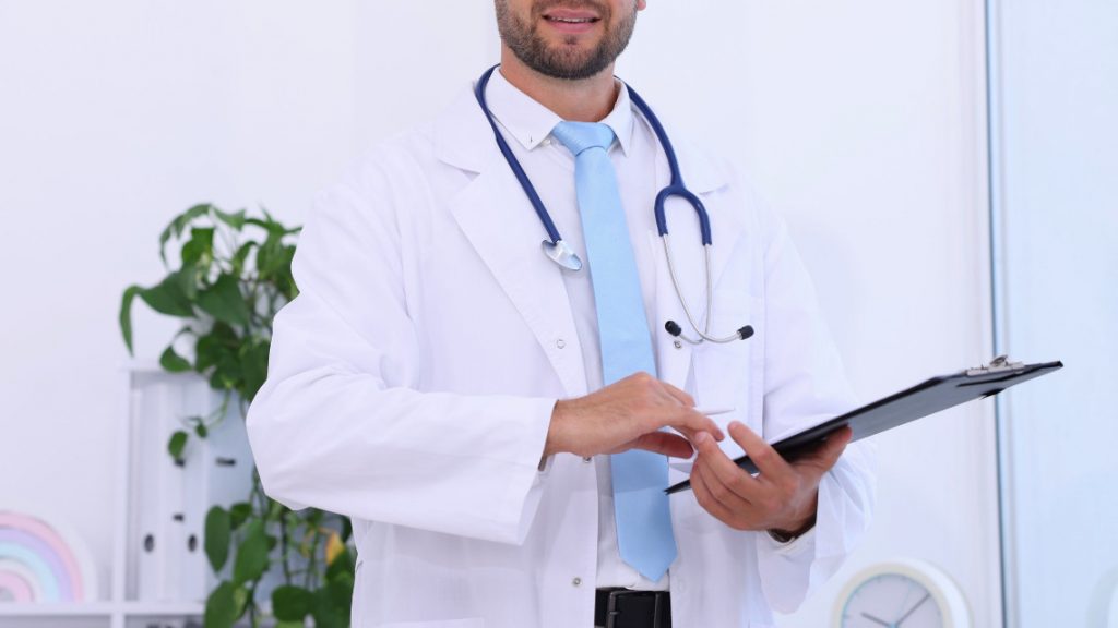 Doctor with a clipboard representing rising health care costs.
